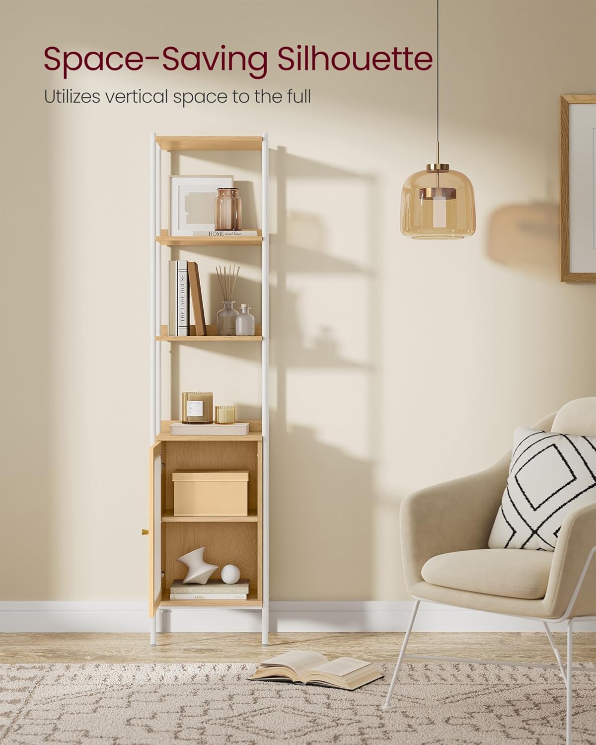 VASAGLE 6-Tier Bookcase - Slim Freestanding Storage Shelf with Adjustable PC Door | Oak Beige & Pearl White