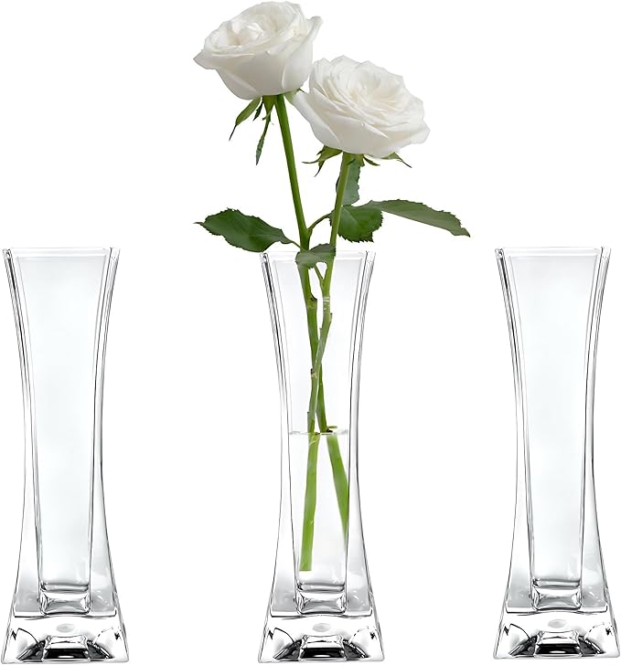KLIFA- Small Acrylic Square Bud Vase, Shatterproof, High Transparency, Plastic Single Stem Vase, Clear, Hight 7.48 inch, 3 pc