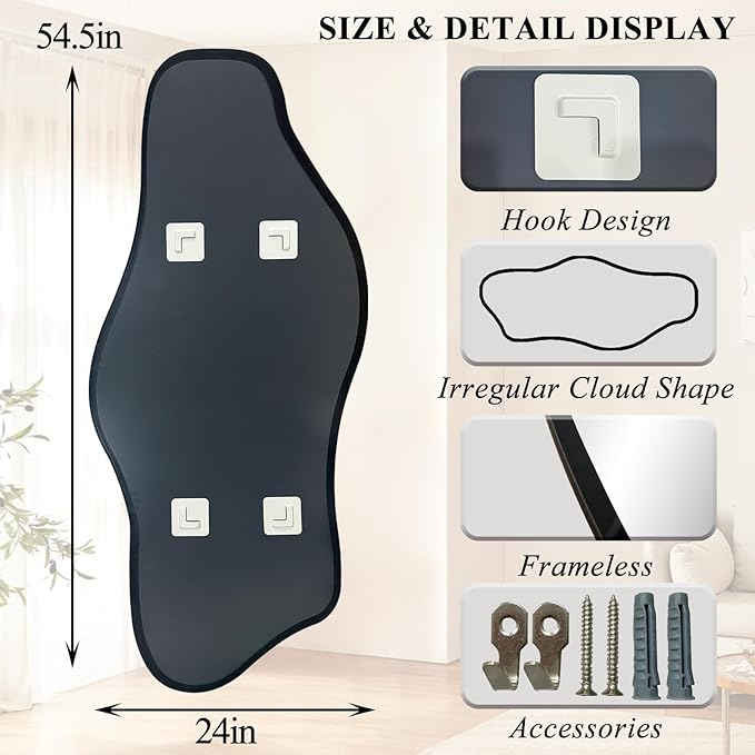 Large Irregular Mirror, 54.5"x24" Asymmetrical Tempered Glass Mirror, Modern Organic Shaped Wall Mirrors for Entryway Bedroom Living Room Bathroom, Horizontal or Vertical Hanging