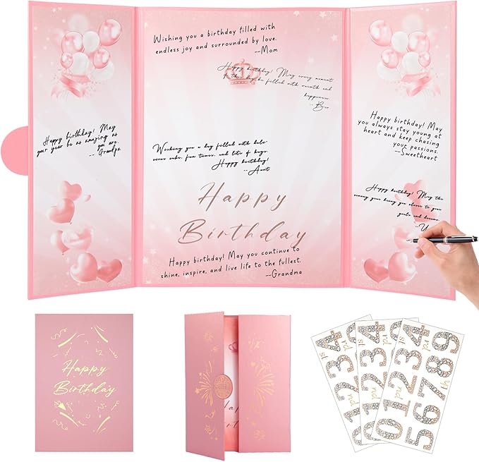 Pink Gold Birthday Party Decorations,18" x 12" Creative Birthday Decorations Guest Sign in Book Alternative, for Men and Women of All Ages, Happy Birthday Party Supplies