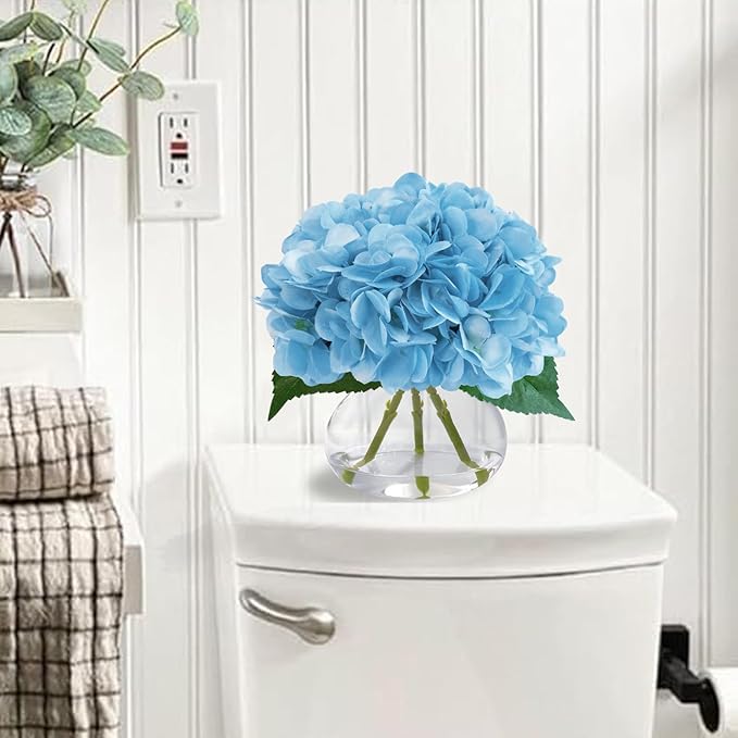 Big Petals Hydrangea Artificial Flowers in Vase, Blue Silk Fake Flowers Silk Centerpiece Table Decorations for Dining Room,Coffee Table Decor,Wedding, Home with Faux Water decorr (Sea Blue)