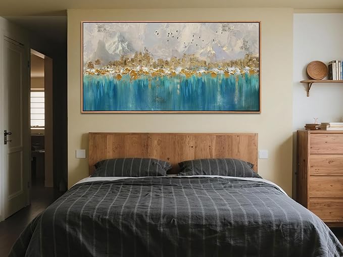 Arjun Framed Abstract Wall Art for Living Room Gold Blue Textured Large Canvas Art Wall Decor Bedroom Painting, Modern Picture Grey Mountain Artwork Home Office Wall Decoration, 48"x24"
