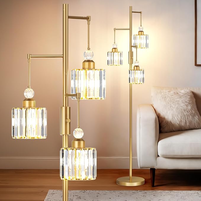 Black Tree Floor Lamp with 3 Crystal Cage Lampshades & Dimmable Bulbs - 70" Vintage Glam Standing Lamp for Living Room Bedroom, Industrial Modern Decor with Crystal Ball Accents (Gold)