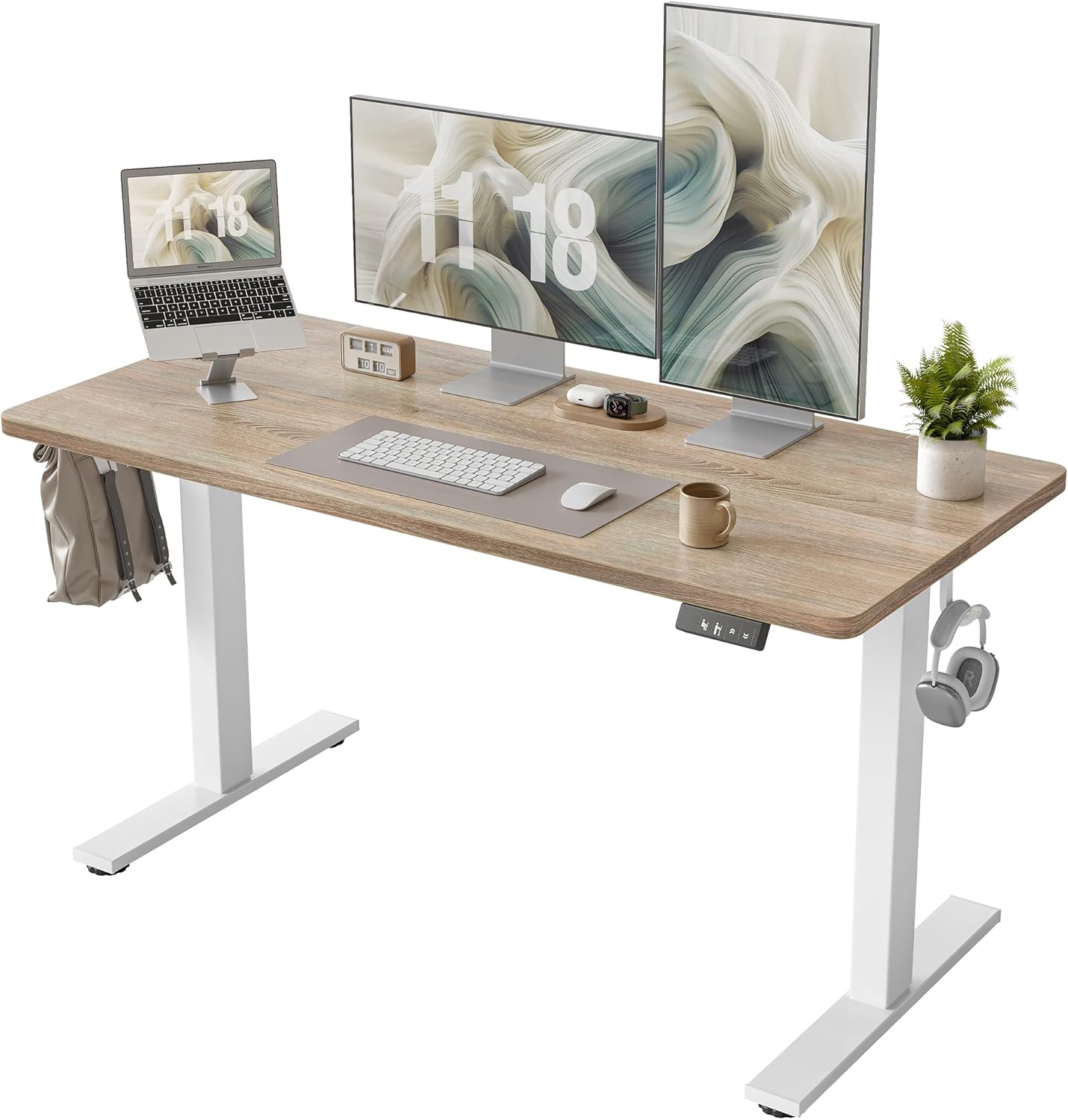 TIQLAB Electric Standing Desk - Height Adjustable Sit-Stand Workstation | 55 x 24 Inch, White Frame/Maple Top