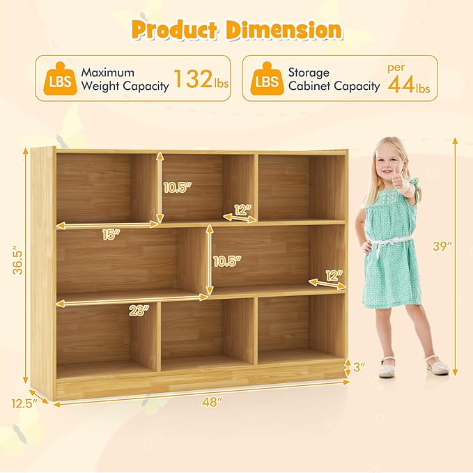 HONEY JOY Kids Toy Storage Organizer, 8-Section Storage Daycare Shelf for Preschool, Children 3-Tier Open Wooden Display Book Shelf Organizer for Classroom, Playroom & Nursery, Kindergarten(Yellow)
