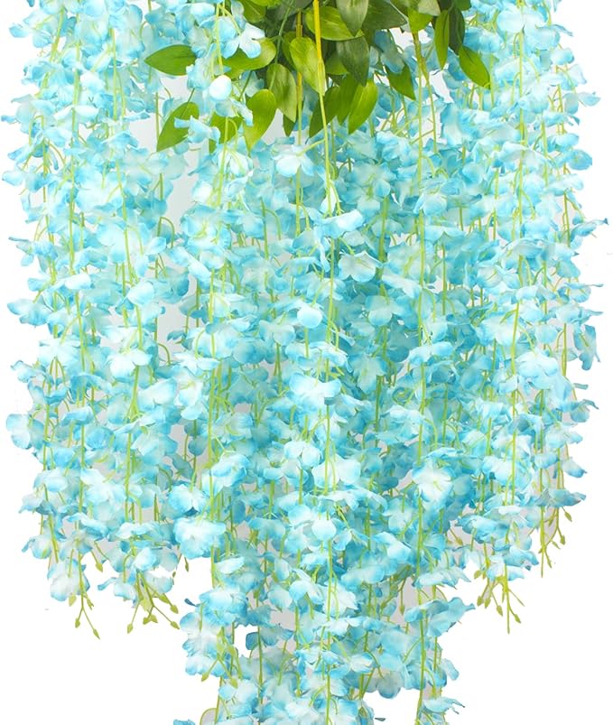 12 Pack Artificial Flowers Silk Wisteria Vine Ratta Hanging Flower (Sky Blue)