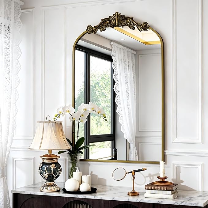 Dewfig Antique Arched Wall Mirror, 24"x36" Vintage Bronze Bathroom Mirror - Baroque Metal Frame Brass Mirror for Living Room, Bathroom, Fireplace, Entryway, Bronze