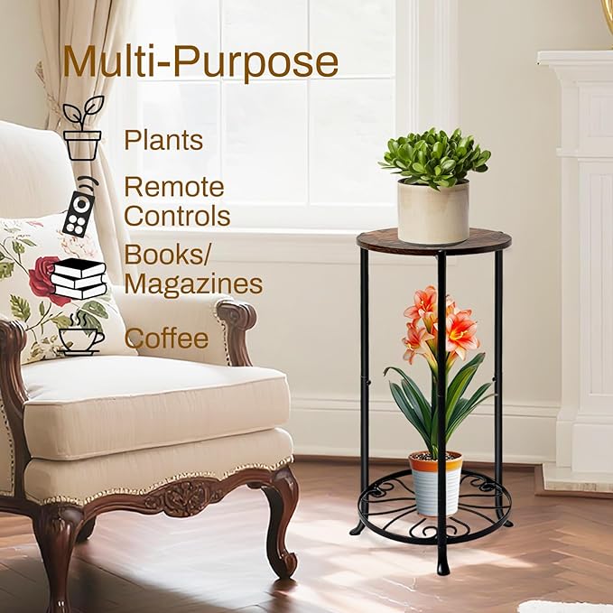 Plant Stand Indoor, 2 Tier Wood Round Potted Holder Rack, 27 " Tall Flower Pot Stand Shelf, Round Supports Plant Stand for Large Plants, Corner Plant Shelf for Balcony Garden Patio Living Room, Brown