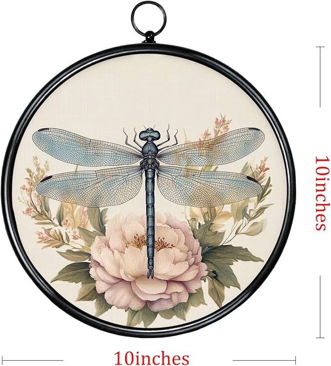 XIAOAIKA Round Vintage Wall Hanging Decor, Printed Textured Surface with Wood Back, Dragonfly Design, Black Metal Frame, Ready to Hang for Living Room Bedroom, 10 Inch