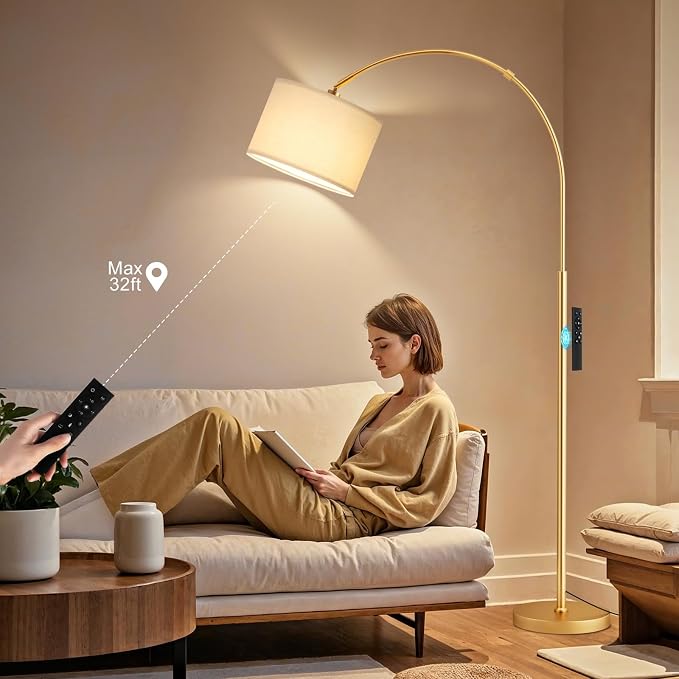 Ambimall Dimmable Arc Floor Lamp with Remote, Color Temperatures and Brightness Adjustable, Arched Floor Lamp with Rotating Head, Over Couch Arched Reading Light for Living Room (Deep Beige and Gold)