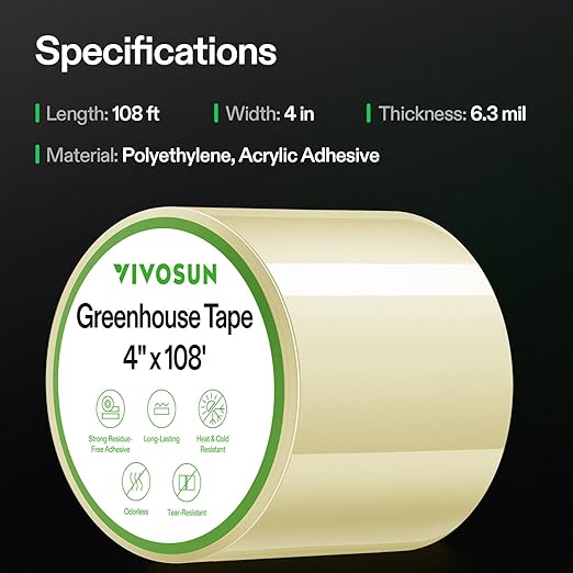 VIVOSUN Greenhouse Repair Tape, 6.3 mil 4" x108' Weatherproof Clear Poly Patch Tape, Heavy Duty Greenhouse Sheeting Coverings Film Tape for Plastic Sheeting and Tents