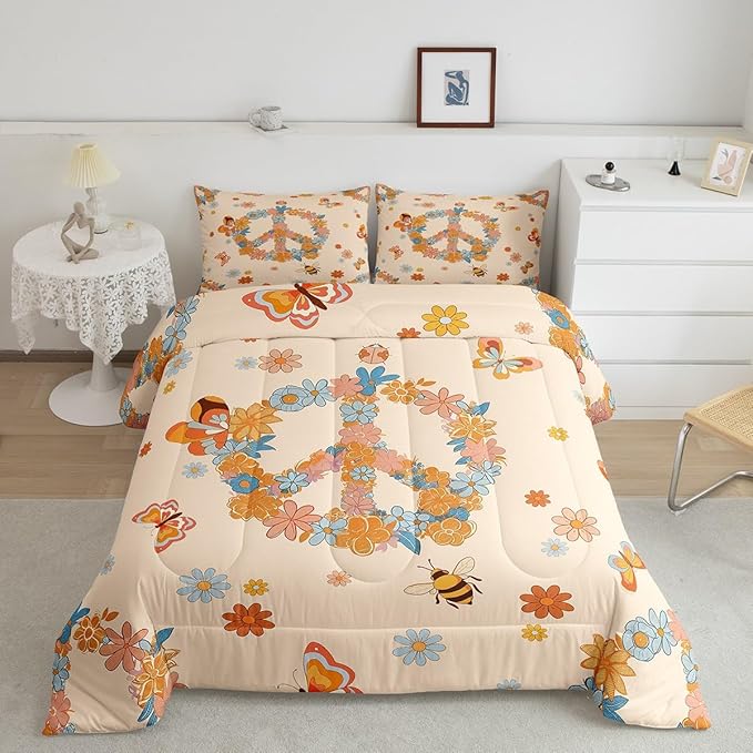Retro 70s 60s Hippie Comforter Set Full Size,Groovy Flowers Butterfly Honeybee Bedding Comforters Room Decor,Floral Peace Symbol Quilt Set with 2 Pillowcases,Teens Present