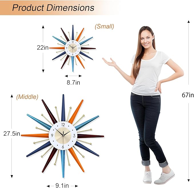 Large Wall Clock 22 Inch Modern Wall Clock Starburst Mid-Century Modern Decor Non-Ticking Battery Operated Colorful Clock Home Decorations for Living Room Bedroom Kitchen Office