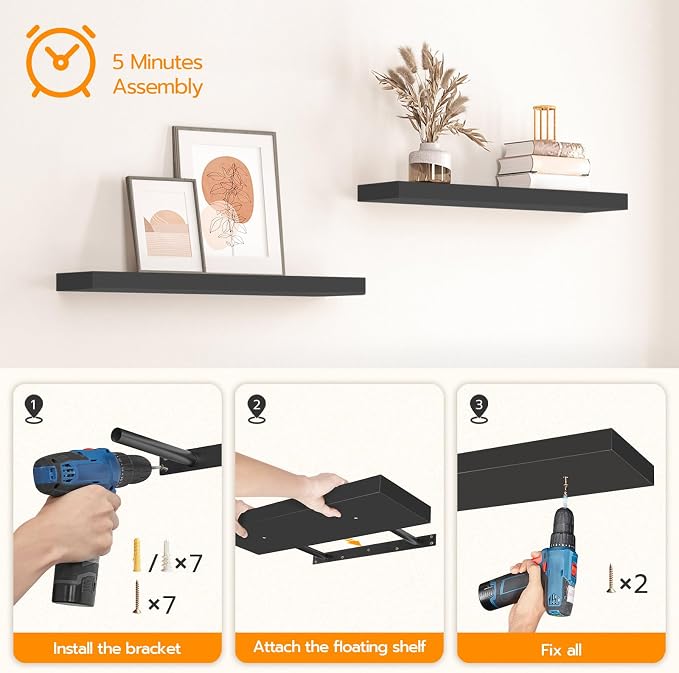 HOOBRO Floating Shelves for Wall, Wall Mounted Shelf Set of 2, 31.5" Hanging Shelf with Invisible Brackets, for Wall Decor Storage in Bathroom Bedroom Kitchen Living Room Office, Black BK80BJP201