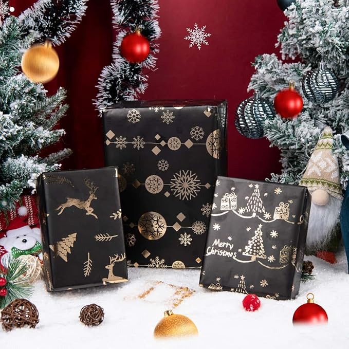 Linnoptimix Christmas Wrapping Paper Rolls -3 LARGE ROLL-27inch*78 inch per roll Colorful Foil Black wrapping paper(Christmas 3 Black/Gold（001）)