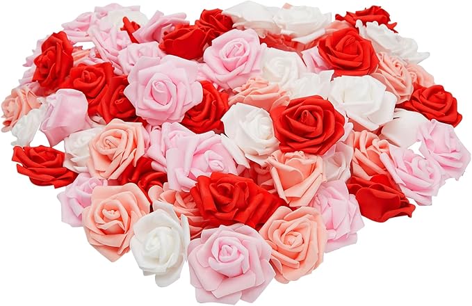 Bright Creations Colorful Foam Rose Heads - 100-Pack, 3 x 3 x 1.25 in, Mixed Pink White Red - Artificial Roses Bulk Mixed Color & 3D Foam Craft Flowers - DIY Decoration & Party Decor