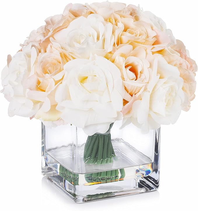 Enova Floral 18 Pieces Artificial Silk Roses Fake Flower Arrangement in Cube Glass Vase with Faux Water for Home Office Wedding Decoration (Cream Beige)