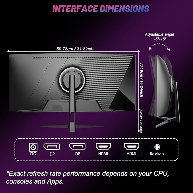 LXZ 34 Inch Gaming Monitor 1500R, 3440 * 1440p 165hz Frameless Display 100% sRGB, Wide Viewing Angle, Display Port HDMI - Black