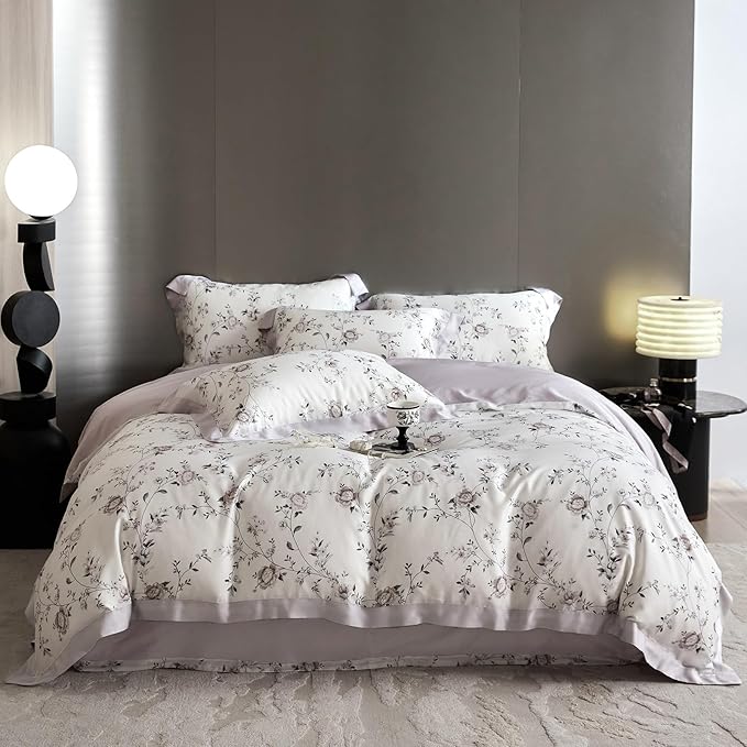 VM VOUGEMARKET Lyocell Duvet Cover King with 2 Pillow Shams,Vintage Garden Flower Bedding Set,Silky Soft, Cool-to-The-Touch Comforter Cover for Hot Sleeper-King,Purplish Grey