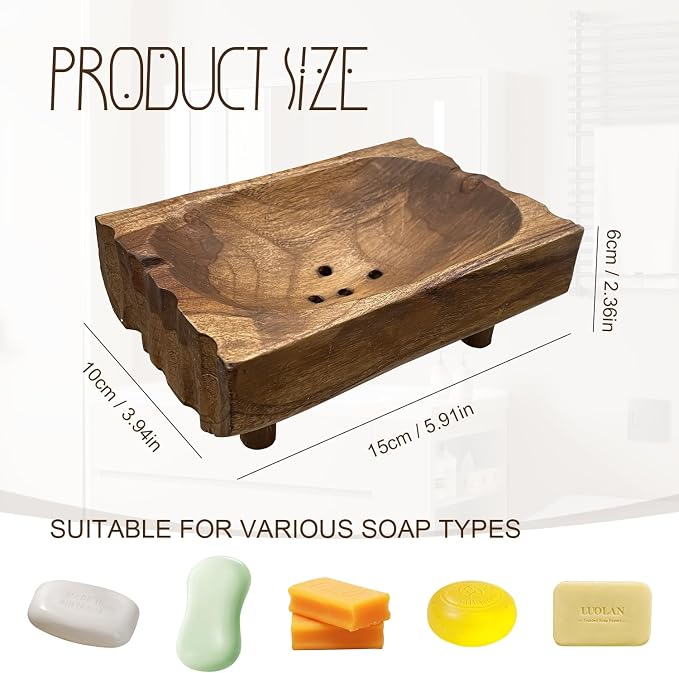 Natural Teak Wood Soap Holder, Automatic Draining Soap Tray with Drain Holes, Handmade Rustic Soap Dish & Countertop Soap Saver Stand for Bathroom and Kitchen
