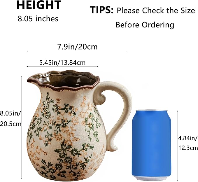 Green and Beige Vintage Vase with Handle,Retro Chinoiserie Vase,Farmhouse Antique Decorative Ceramic Vases for Home Decor,Living Room, Bookshelf, Office, Grand Millennial Decor(H8.05 Inch)