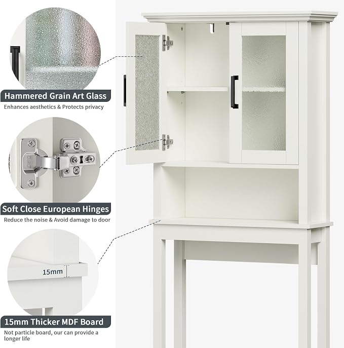 Over The Toilet Storage Cabinet, Over Toilet Bathroom Organizer with Doors and Adjustable Shelf, Thicken Frame Above Toilet Storage Cabinet Behind Toilet Bathroom Organizer, Cream White