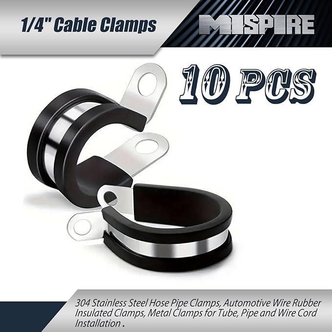 10 Pack 1/4 inch Cable Clamps, 304 Stainless Steel Hose Pipe Clamps, Automotive Wire Rubber Insulated Clamps, Metal Clamps for Tube, Pipe and Wire Cord Installation