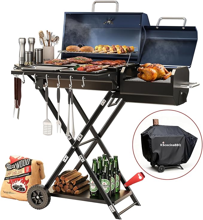 kscocinaBBQ Portable Charcoal Grill with Smoking Function, Foldable Suitcase Design with Wheels, Multi-Tier Storage Rack & Waterproof Cover for Outdoor BBQ Parties (Blue)