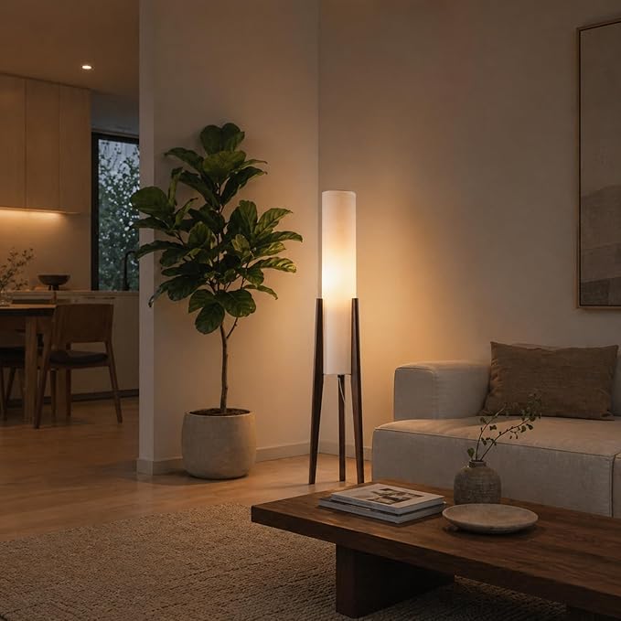 MIXL-Walnut Wood Finish Tripod Floor Lamp,Cylinder Shade Tall Standing Lamp,Rustic Living Room Floor Lamp,Mid Century Modern Standing Light for Bedroom Office