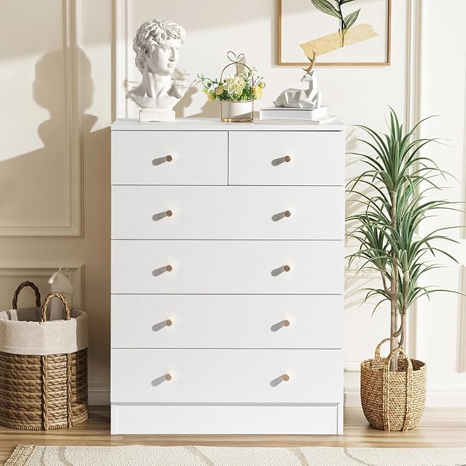 Karl home White 6 Drawer Dresser for Bedroom, Tall Dresser Chest of Drawers, Wood Bedroom Dressers Clothes Organizer, Anti-Tipping Device, Rose Gold Metal Handle, Living Room, Entryway, Office