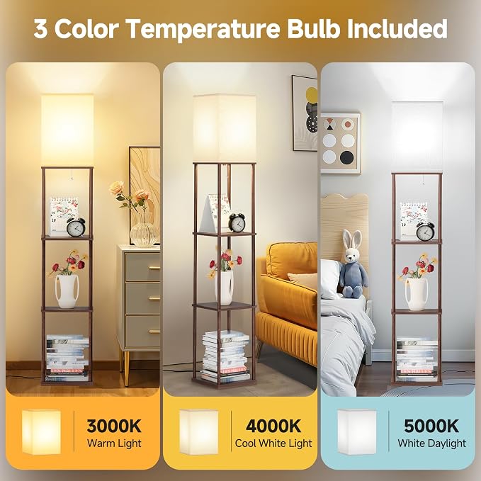 SHINE HAI Floor Lamps with Shelves for Living Room, 3-Tier Square Modern Standing Lamp with 3CCT Bulb, 11W 950LM Brightness, Tall Shelf Lamp for Bedroom, Office, Bookshelf & Display Organizer