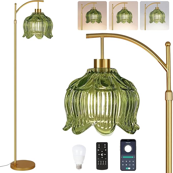 QIYIZM Glass Floor Lamp for Living Room,Bedroom,Gold Dimmable Standing Lamp with Remote,Mid Century Modern Brass Tall Lamp Boho Vintage Floor Lamps Arc Green Tulip Flower Floor Light Lamp Bohemian