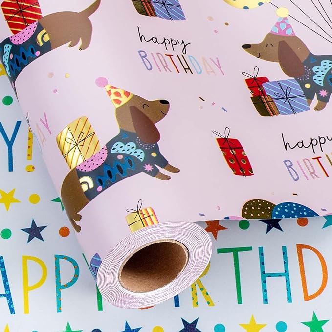 Burymento Birthday Dog Wrapping Paper, Reversible Color Happy Birthday Gift Wrap for Baby Shower, Valentines, Mothers day, Graduation, Wedding, Fathers day, Christmas (17in x 32.8ft)