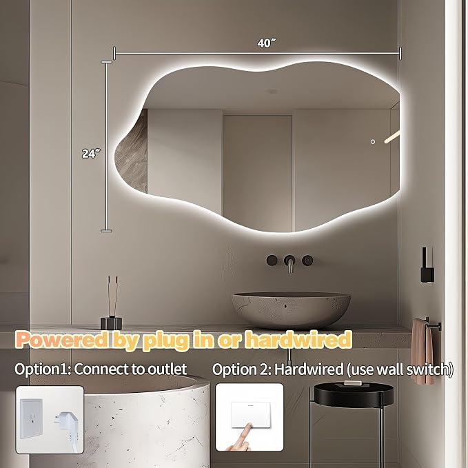 Niccy Irregular LED Bathroom Mirror, 24"x40" Asymmetrical Backlit Vanity Wall Mirrors, Frameless Lighted Mirrors for Bedroom, Living Room, Modern Smart-Mirror with Anti-Fog, Dimmable, Memory Function