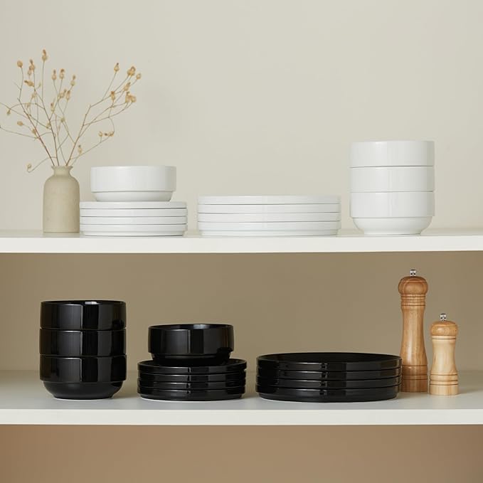 Vase and Vessel Ceramic Dinnerware Set, 12-Piece Service for 4, Soup Bowls (31.5 oz), Salad Plates (7.5"), Dinner Plates (10.5"), Round, Microwave and Dishwasher Safe, Black, Cambridge Classics
