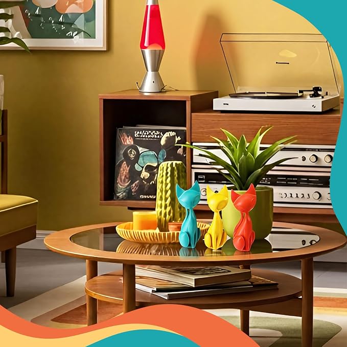 AceOrbit 3pcs Mid Century Modern Decor Medieval Table Decor Resin Cats Orange Blue and Yellow Resin Cats for Home Desktop Sculpture Office Table Desktop Bookshelf Mantelpiece Shelf Centerpiece