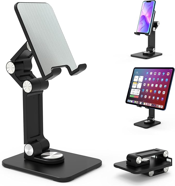 Jusanice 360 Rotating Cell Phone Stand,Folding Phone Stand,Adjustable Height and Angle Foldable Cell Phone Stand Holder for Desk, Taller iPhone Stand Compatible with iPad Smartphones Tablet (Black)