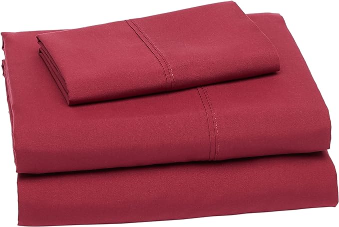 Amazon Basics Lightweight Super Soft Easy Care Microfiber 3 Piece Ideal Bed Sheet Set with 14-Inch Deep Pockets, Twin XL, Burgundy, Solid