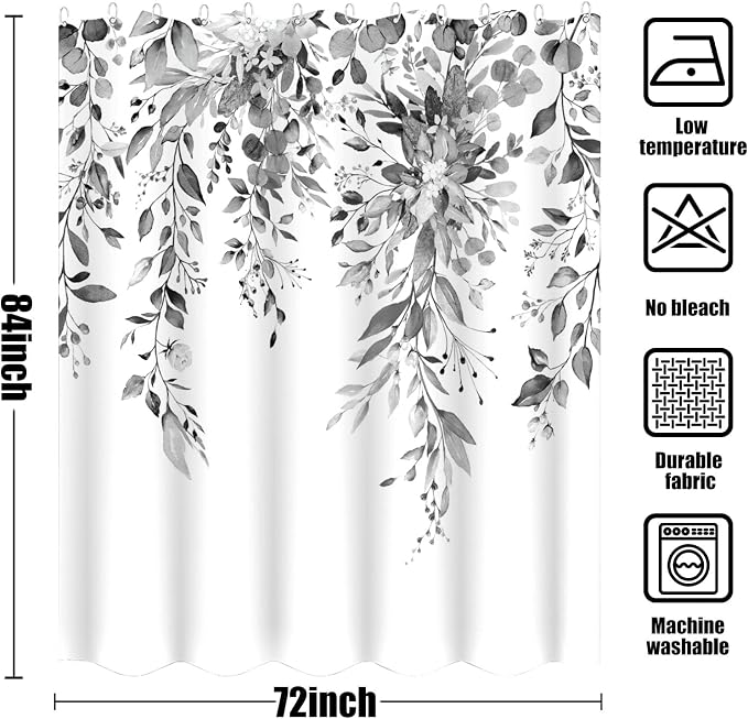 84 Inch Extra Long Gray and White Eucalyptus Shower Curtain Watercolor Grey Floral Plant Leaf Shower Curtains for Bathroom Flower Waterproof Fabric Bath Curtain with Hooks (Black, 72'' x 84'')