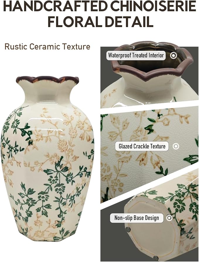 Vintage Ceramic Flower Vase Home Decor - Tabletop Rustic Tall Vase for Decor Living Room Bookshelf Office Kitchen Farmhouse Cottage, White Vases for Bouquet, Ruffled Rim | Grand Millennial | 9.1inch