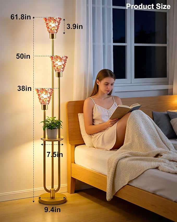 Lightdot Glass Floor Lamp with Shelf Mid Century Modern Gold Floor Lamps with Rose Red Glass Shade & Warm White Bulbs Included Standing Tall Lamp with 5Lbs Heavy Base for Living Room/Wedding/Office