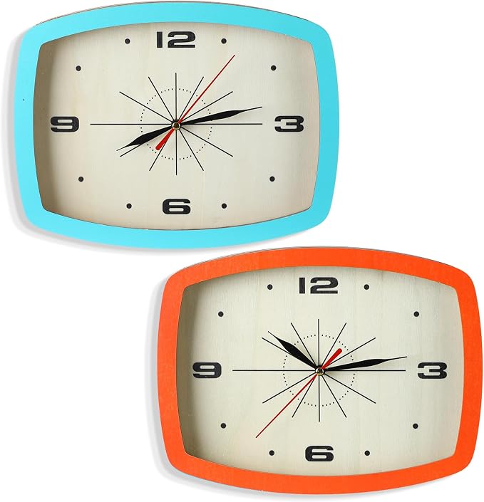 2 Pcs Retro Wall Clock ModernMid Century Decoration Silent Non Ticking Blue Orange 10 Inch Rectangular Retro Clock Battery Operated Vintage Wall Art for Living Room Office Kitchen Bedroom