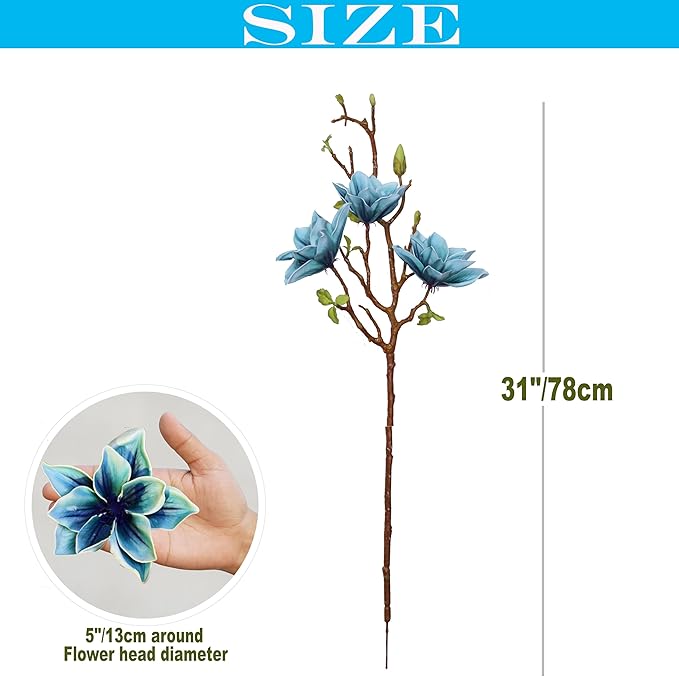 3pcs Artificial Magnolia Flower Branches, 31 Inch Long Stem Faux Floral, Premium Faux Bloom for Home Decor, Centerpieces, and Wedding Arrangements, Blue