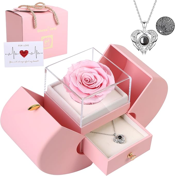 Preserved Real Pink Rose with I Love You Necklace 100 Languages, Gifts for Girlfriend, Women, Mom, Wife, Gifts Idea on Christmas, Valentine's Day, Mother's Day, Birthday, Anniversary, Thanksgiving