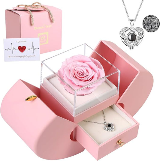 Preserved Real Pink Rose with I Love You Necklace 100 Languages, Gifts for Girlfriend, Women, Mom, Wife, Gifts Idea on Christmas, Valentine's Day, Mother's Day, Birthday, Anniversary, Thanksgiving