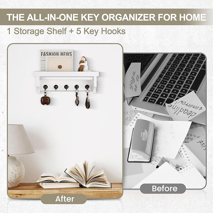 Lucundm Key and Mail Holder Wall Mount, Key Holder with Shelf and Mail Organizer Wall Mount. Mail Holder with 5 Hooks for Coat, Dog Leash, Home Decor Rack, Entry Way Organizer (White)