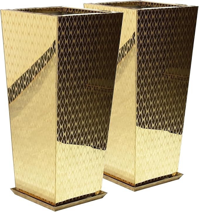Luxury Stainless Steel Golden Taper Tall Planter Box Set of 2 with Mirror Etching No Coating 24”H Top 11” Bottom 8”,Decrative Pot Indoor, Modern Décor for Home,Office,Tall Plants,Trees,Flowers