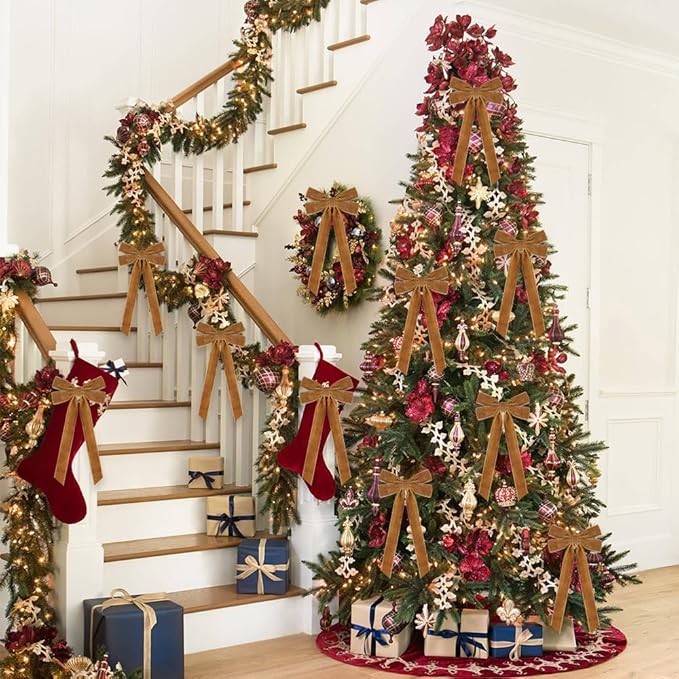 JOICEE 15Pcs Christmas Velvet Bows Ornament, 5 x 12 Inch Wreath Crafts Bows Christmas Tree Ribbon Bows for Xmas Holiday Home Party Garland Indoor Outdoor Decorations(Khaki)