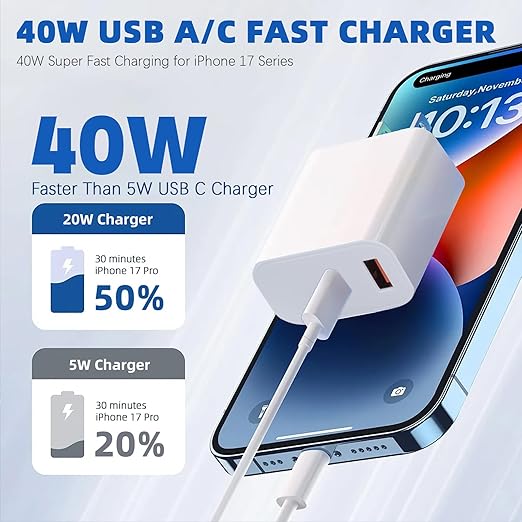 USB C Charger Block for iPhone 17 16,40W Dual Port A/C Phone Chargers,2Pack Type C Charger Fast Charging Wall Chargers Quick 10FT USB C Cable for iPhone 17/17 Pro Max/17 Air/16 Pro/16e/15 Plus/15 Pro