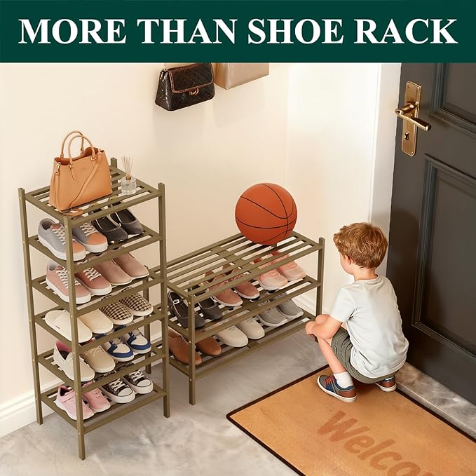 Smiry Long Bamboo Shoe Rack 3-Tier, Stackable Wooden Shoe Organizer for Entryway & Closet, Free Standing Wood Shoe Storage Shelf for Front Door & Small Spaces, Walnut